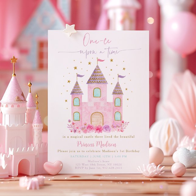 Pink Gold Princess Castle First Birthday Invitation (Creator Uploaded)