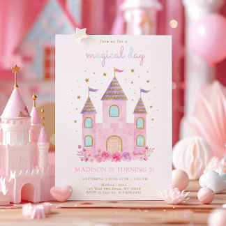 Pink Gold Princess Castle Magical Day Birthday Invitation