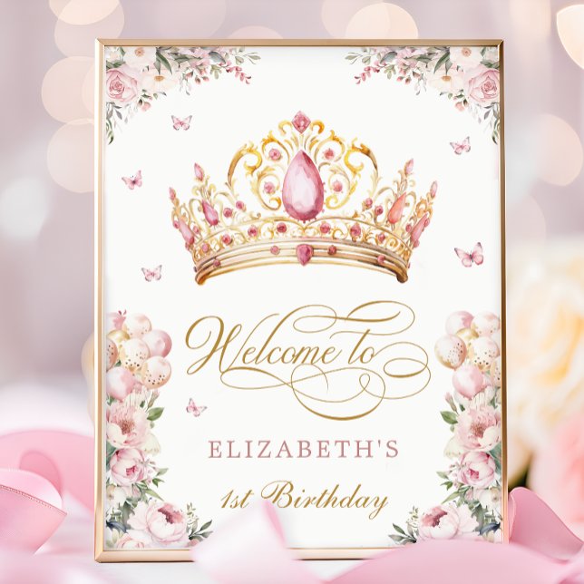 Pink Gold Princess Crown 1st Birthday Welcome Poster (Creator Uploaded)