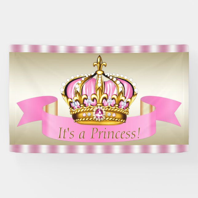 Pink Gold Princess Crown Baby Shower Banner (Horizontal)