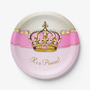 Pink Gold Princess Crown Baby Shower Paper Plate