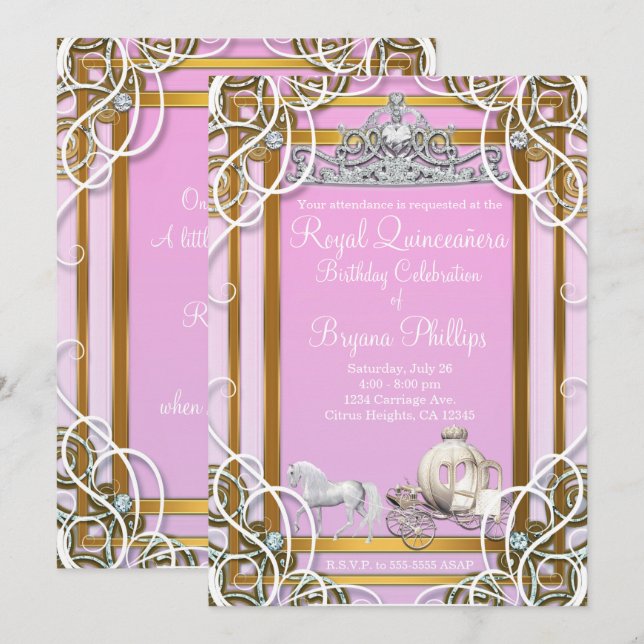 Pink Gold Princess Crown & Carriage Quinceañera Invitation (Front/Back)