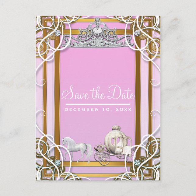 Pink Gold Princess Crown & Carriage Save the Date Announcement Postcard (Front)