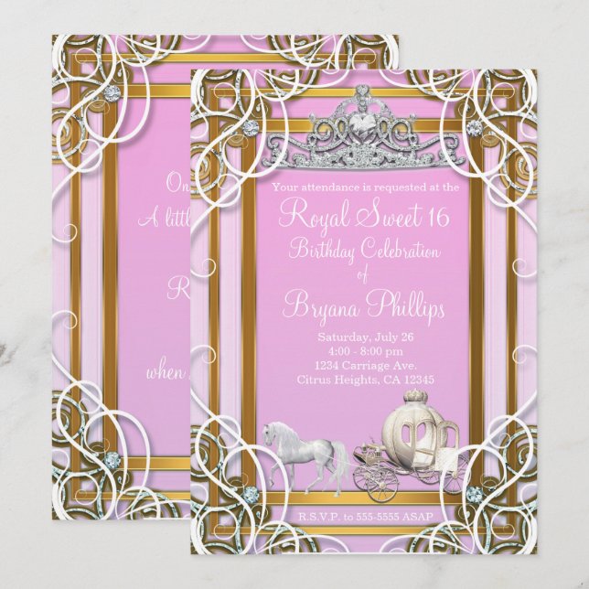 Pink Gold Princess Crown & Carriage Sweet 16 Party Invitation (Front/Back)