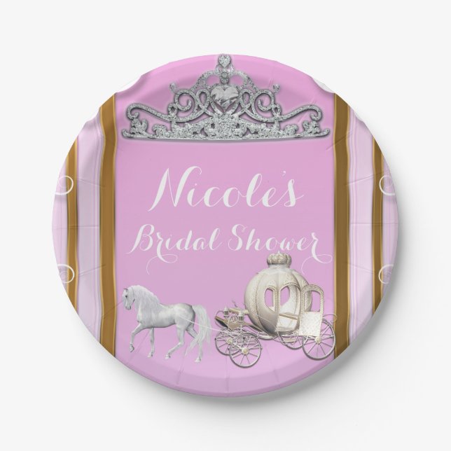 Pink Gold Princess Crown & Carriage Sweet 16 Party Paper Plate (Front)