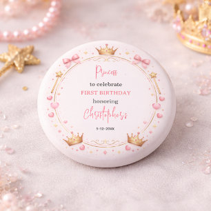 Pink Gold Princess Crown Fairytale 1st Birthday 3 Cm Round Badge