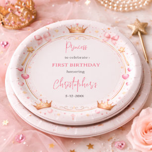 Pink Gold Princess Crown Fairytale 1st Birthday Paper Plate