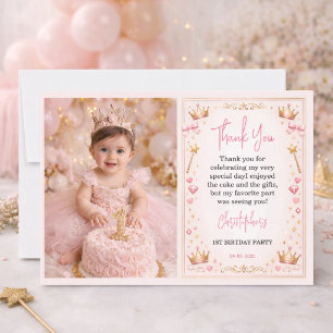 Pink Gold Princess Crown Fairytale 1st Birthday Thank You Card