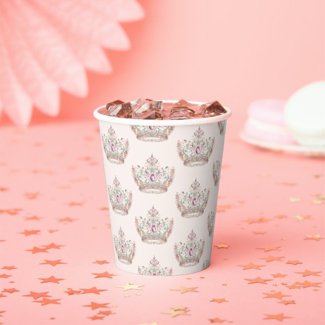 Pink Gold Princess Crown Fairytale Birthday Paper Cups (Insitu)