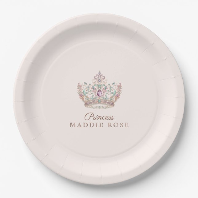Pink Gold Princess Crown Fairytale Birthday Paper Plate (Front)