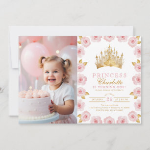 Pink Gold Princess Crown Photo First Birthday Invitation