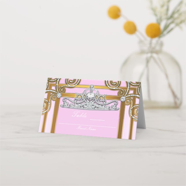 Pink & Gold Princess Crown Tiara Party Seating Place Card (Back)