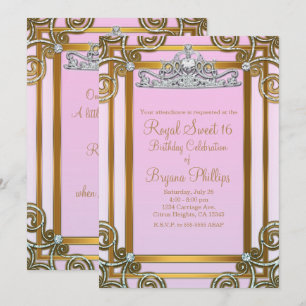 Pink & Gold Princess Crown Tiara Sweet 16 Party Invitation