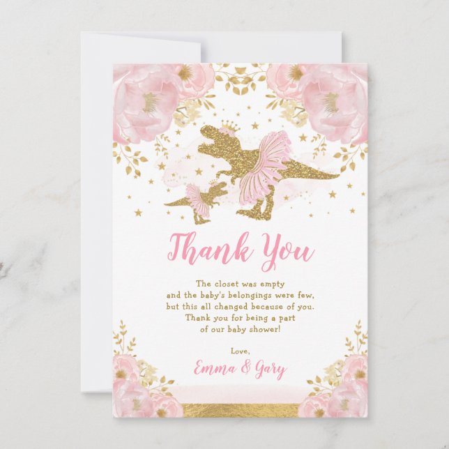 Pink Gold Princess Dinosaur Tutu Tiara Baby Girl Thank You Card (Front)