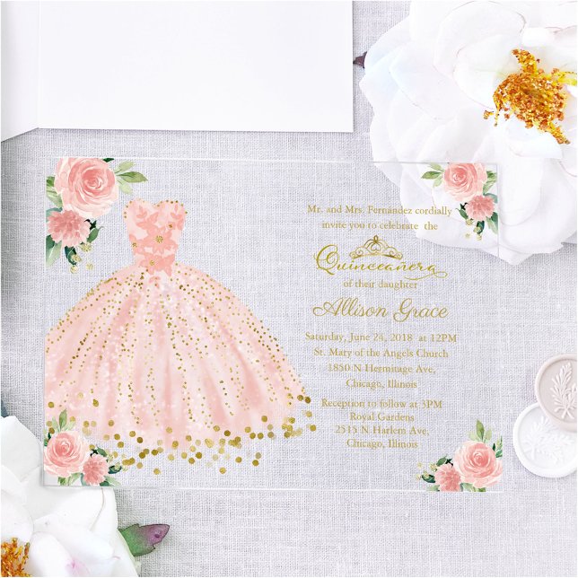 Pink Gold Princess Dress Floral Quinceañera  Acrylic Invitations (Creator Uploaded)