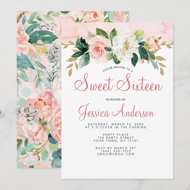 Pink Gold Princess Floral Sweet Sixteen Birthday Invitation (Front/Back)