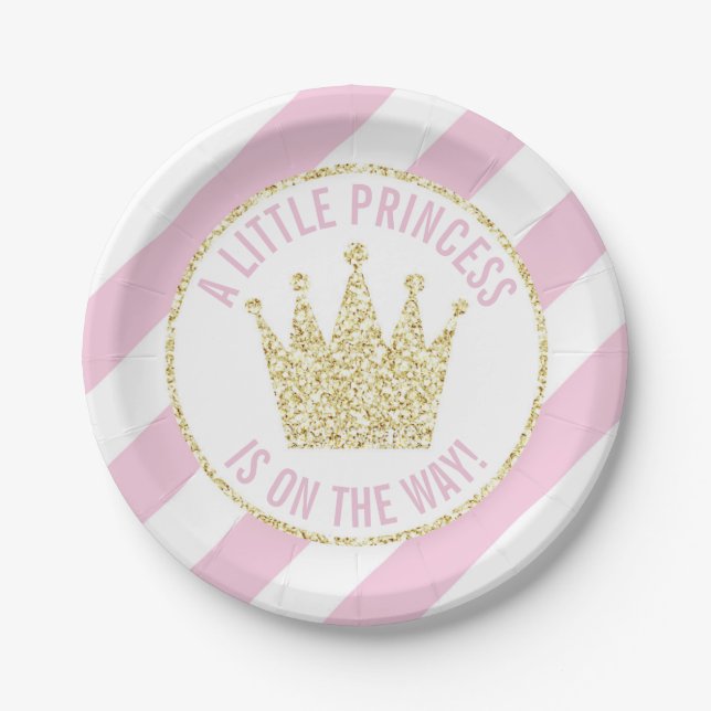 Pink Gold Princess on the Way Baby Shower Crown Paper Plate (Front)