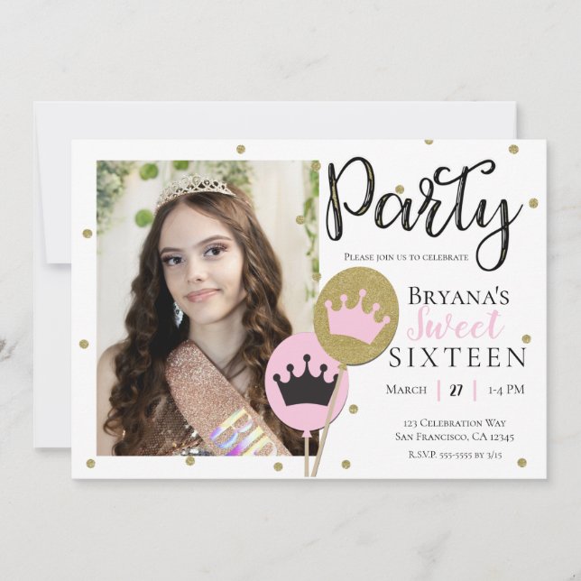 Pink Gold Princess Photo Any Age Birthday Party Invitation (Front)