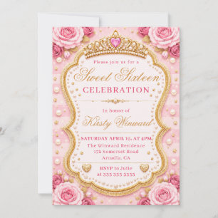 Pink Gold Princess Roses Elegant Sweet 16 Invitation