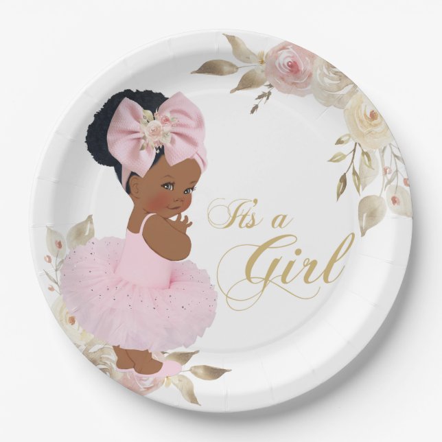 Pink Gold Princess Tutu Baby Shower Paper Plate (Front)