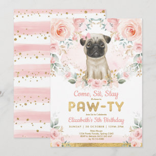 Pink Gold Pug Girls Birthday Puppy Pet Dog Party Invitation
