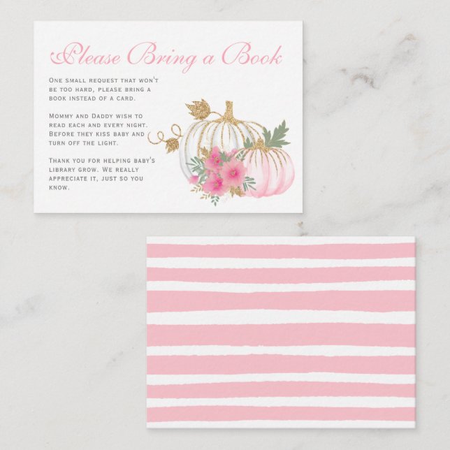 Pink & Gold Pumpkin Baby Shower Bring a Book Enclosure Card (Front/Back)