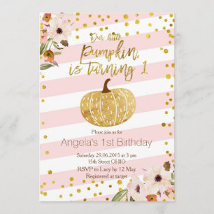 Pink Gold Pumpkin First Birthday Invitation