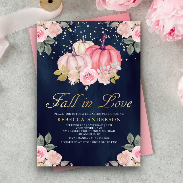 Pink Gold Pumpkin Floral Navy Blue Bridal Shower Invitation (Creator Uploaded)
