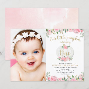 Pink gold pumpkin girl floral 1st birthday photo invitation