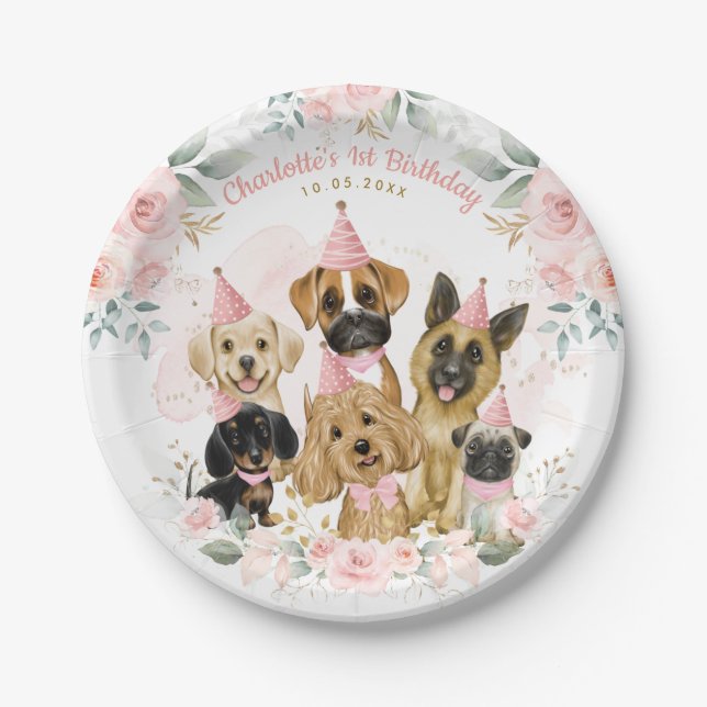 Pink Gold Puppy Dogs Girls Birthday Party Favours Paper Plate (Front)