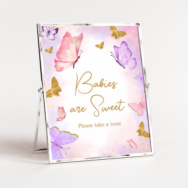 Pink Gold Purple Butterfly Babies are Sweet Poster (Boho Butterfly Baby Shower Babies are Sweet Sign)