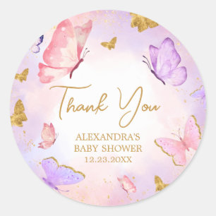 Pink Gold Purple Butterfly Baby Shower Classic Round Sticker