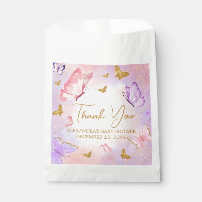 Pink Gold Purple Butterfly Baby Shower Favour Bags (Front)