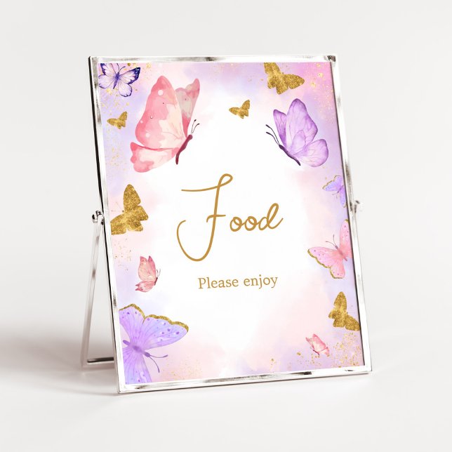 Pink Gold Purple Butterfly Baby Shower Food Poster (Boho Butterfly Baby Shower Food Sign)
