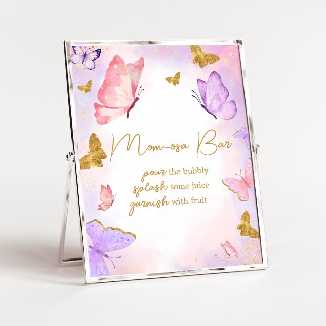 Pink Gold Purple Butterfly Baby Shower Mum Osa Bar Poster (Boho Butterfly Baby Shower Mom Osa Bar Sign)