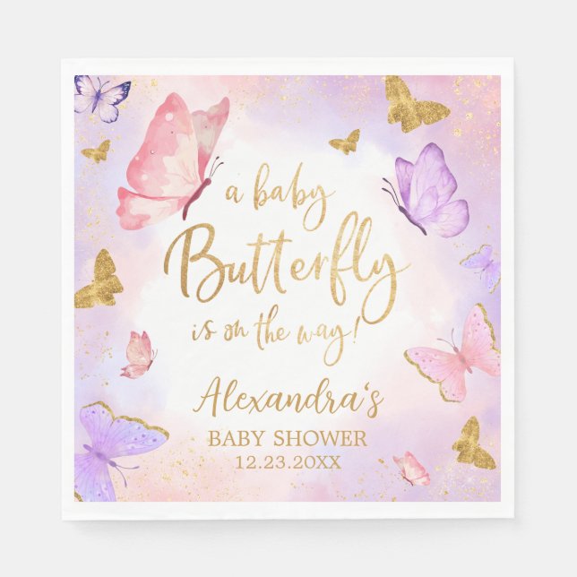 Pink Gold Purple Butterfly Baby Shower Napkin (Front)
