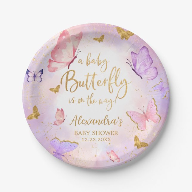 Pink Gold Purple Butterfly Baby Shower Paper Plate (Front)