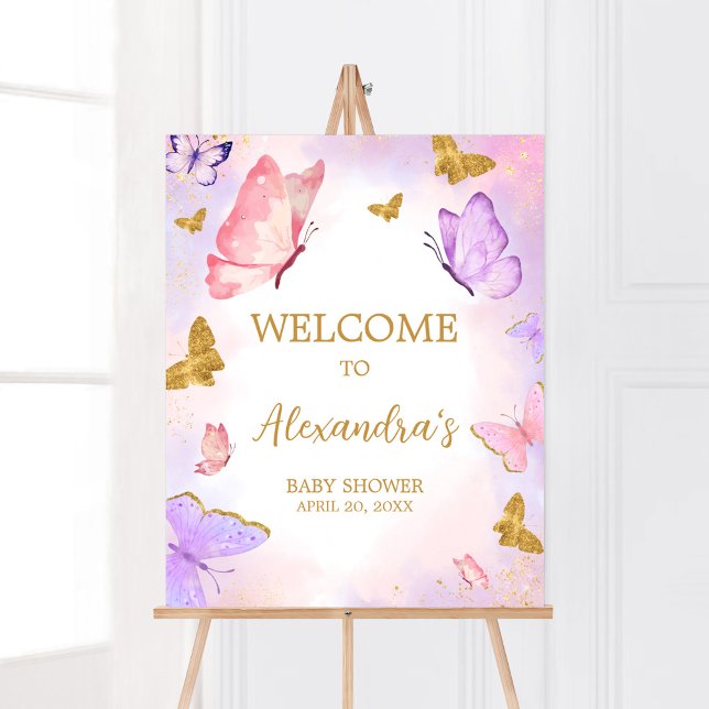 Pink Gold Purple Butterfly Baby Shower Welcome Poster (Boho Butterfly Baby Shower Welcome Sign)