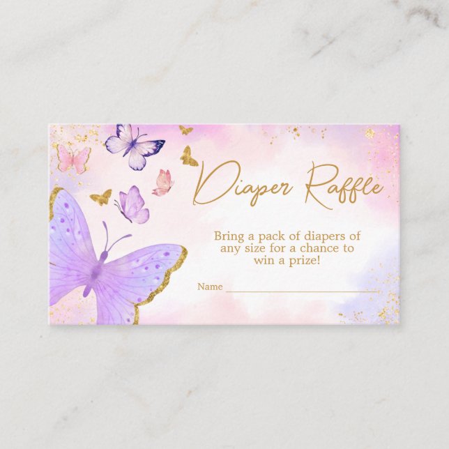 Pink Gold Purple Butterfly Diaper Raffle Enclosure Card (Front)