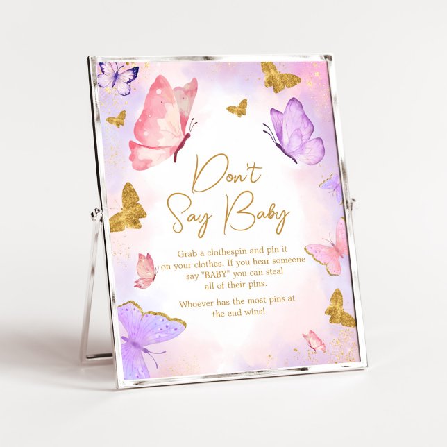 Pink Gold Purple Butterfly Don't Say Baby Poster (Boho Butterfly Baby Shower Don't Say Baby Sign)