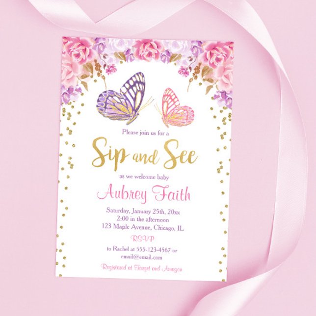 Pink gold purple butterfly sip and see baby girl invitation (Creator Uploaded)