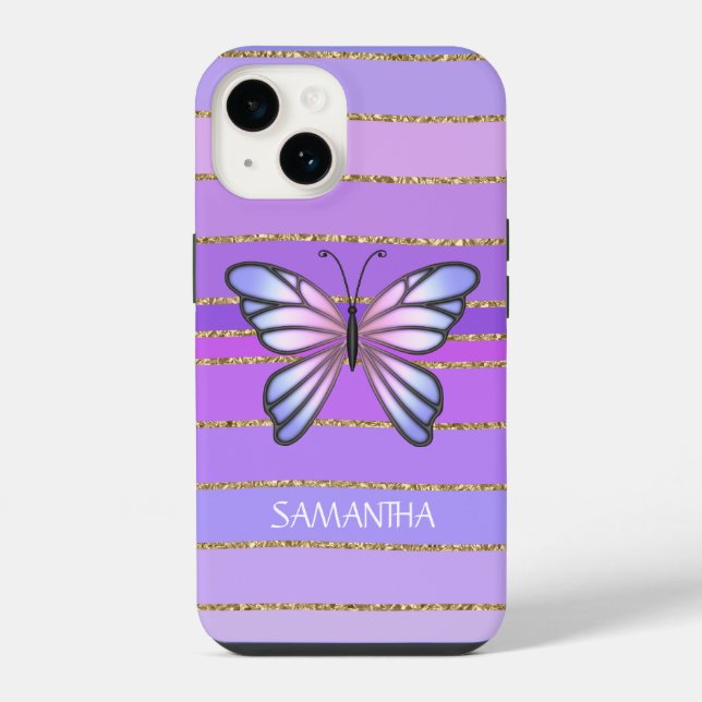 Pink gold purple butterfly stripes girls name iPhone case (Back)