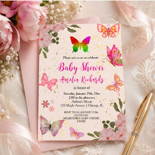 Pink gold purple elegant butterfly girl birthday invitation