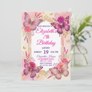 Pink gold purple elegant butterfly girl birthday  invitation