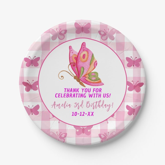 Pink gold purple elegant butterfly girl birthday paper plate (Front)