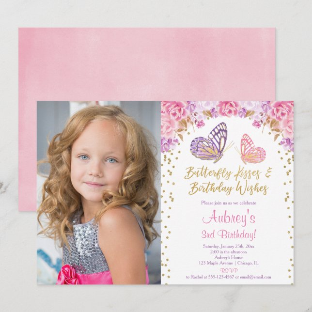Pink gold purple elegant butterfly photo birthday invitation (Front/Back)