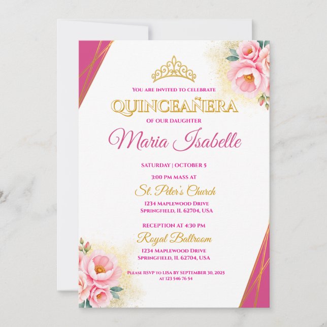 Pink & Gold Quinceañera Invitation (Front)