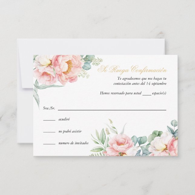 Pink Gold Quinceañera RSVP Card in Spanish (Front)