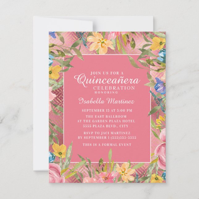 Pink Gold Quinceañera Yellow Blue Floral Invitation (Front)