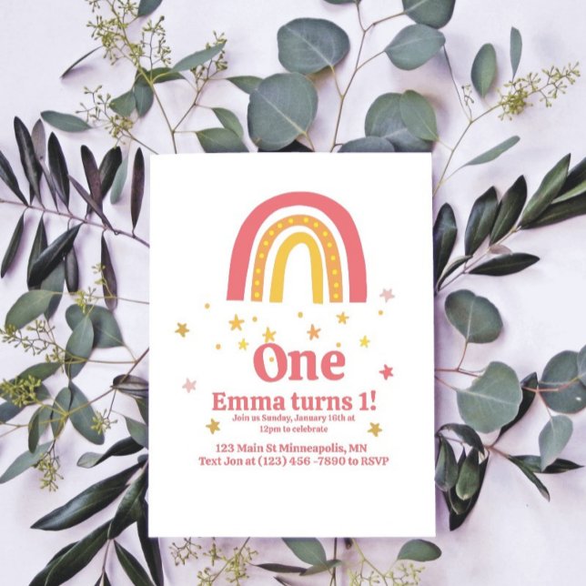 Pink Gold Rainbow 1st Birthday Invitation (Creator Uploaded)